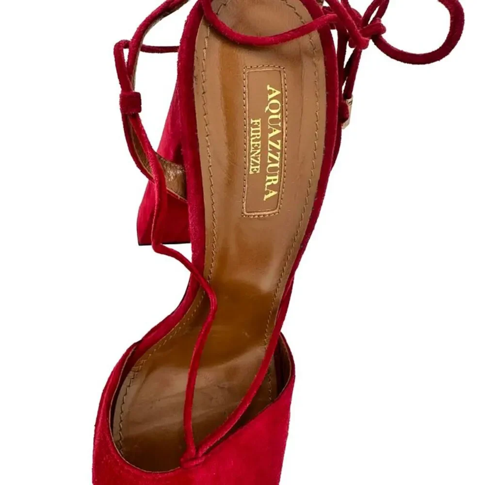 Aquazzura Austin Platform Sandal heels in Burgundy Suede